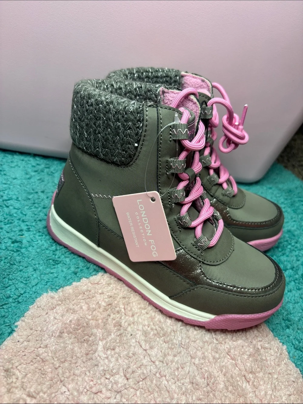 London Fog Waterproof Lace-Up Hiker Boots - Olive Green & Pink